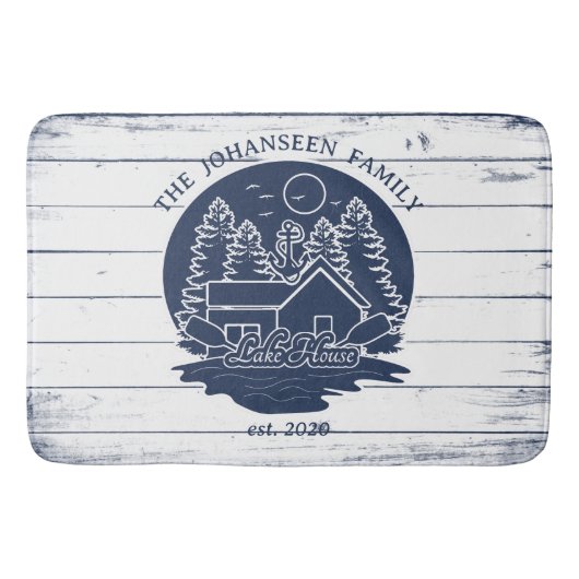 Navy Blue & White Rustic Wood Nautical Lake House Badematte (Vorderseite)