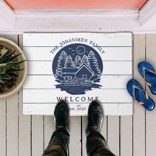 Navy Blue & White Rustic Wood Nautical Lake House Fußmatte