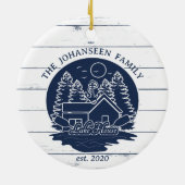 Navy Blue & White Rustic Wood Nautical Lake House Keramik Ornament (Hinten)