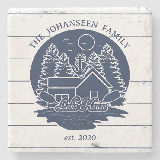 Navy Blue & White Rustic Wood Nautical Lake House Steinuntersetzer (Vorderseite)
