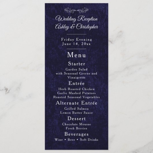 Navy Blue White Script Wedding Reception  Menükarte (Vorderseite)