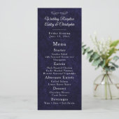 Navy Blue White Script Wedding Reception  Menükarte (Stehend Vorderseite)