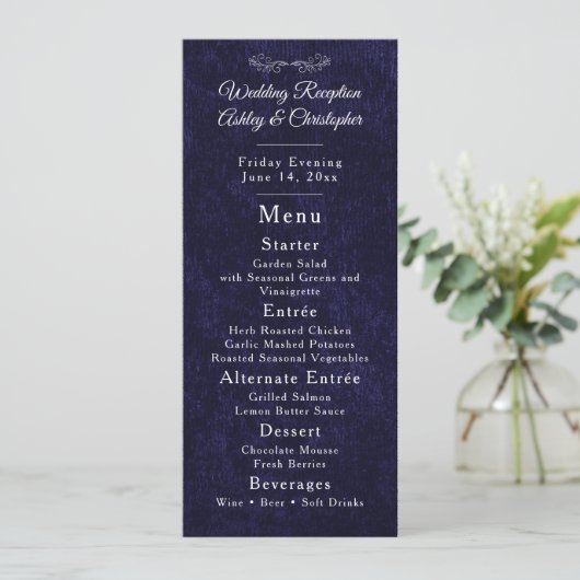 Navy Blue White Script Wedding Reception Menükarte (Stehend Vorderseite)