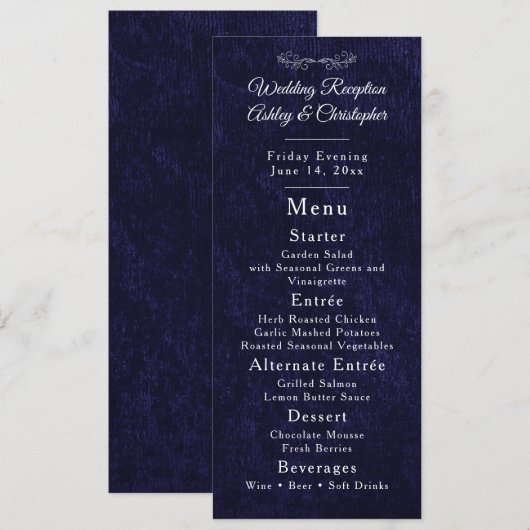 Navy Blue White Script Wedding Reception  Menükarte (Vorne/Hinten)