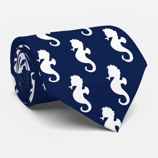 Navy Blue White Seepferd Muster Krawatte (Gerollt)