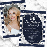 Navy Blue White Silver Foto 50. Geburtstag Einladung<br><div class="desc">Elegante florale feminine 50. Geburtstagseinladung mit Ihrem Foto auf der Kartenrückseite. Glam Marineblau-Design mit Imitaten Glitzer Silber. Es gibt marineblaue und weiße Streifen, weiße Rosen, Skript-Schriftart und Konfetti. Ideal für ein stilvolles Party für Erwachsene. Personalisieren Sie Ihre persönlichen Daten. Kann für jedes Alter angepasst werden! Gedruckte Zazzle Einladungen oder Sofortdownload...</div>