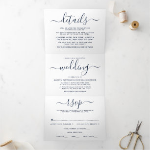 Navy Blue & White Simple Script Wedding Suite Dreifach Gefaltete Einladung