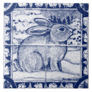 Navy Blue White Snow Bunny Dedham Delft Vintag Fliese