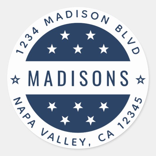 Navy Blue & White Stars Custom Rücksendeadresse Runder Aufkleber (Vorderseite)