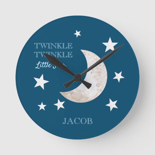 Navy Blue White Stars Moon Twinkle Little Star Runde Wanduhr (Vorderseite)