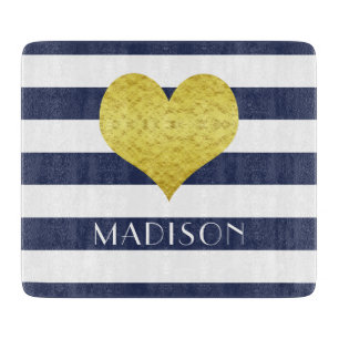 Navy Blue White Strip Muster Name Gold Heart Schneidebrett