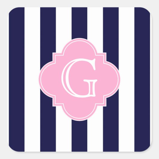 Navy Blue White Strip Pink Quatrefolie Monogramm Quadratischer Aufkleber (Vorderseite)