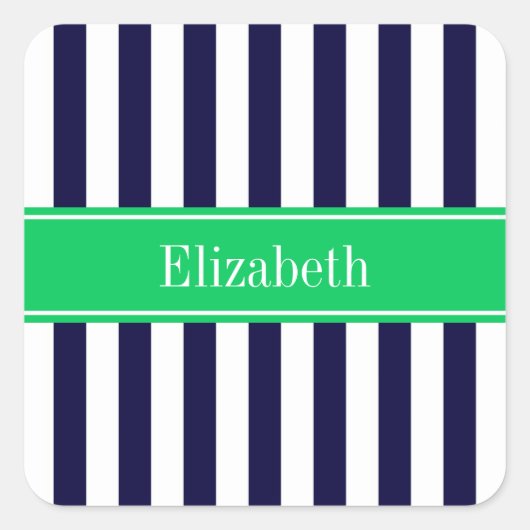 Navy Blue White Stripe Emerald Green Name Monogram Quadratischer Aufkleber (Vorderseite)
