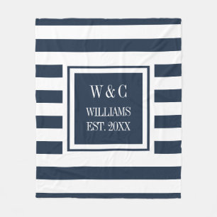 Navy Blue White Stripe Stilvolle Monogram Fleecedecke