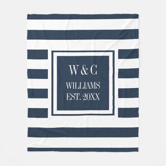 Navy Blue White Stripe Stilvolle Monogram Fleecedecke (Vorderseite)