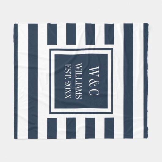 Navy Blue White Stripe Stilvolle Monogram Fleecedecke (Vorderseite (Horizontal))