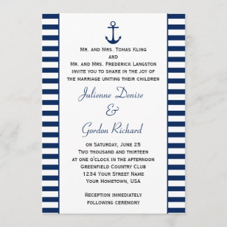 Navy Blue White Stripes Anchor Nautische Hochzeite Einladung