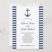 Navy Blue White Stripes Anchor Nautische Hochzeite Einladung (Vorderseite)