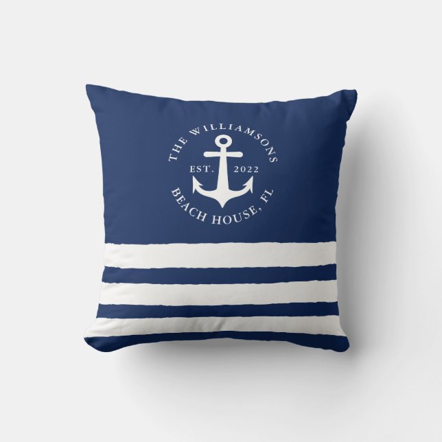 Navy Blue White Stripes Family Monogram Nautic Kissen (Vorderseite)