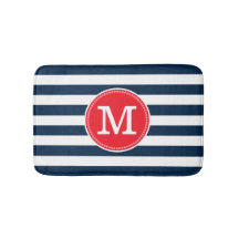 Navy Blue White Stripes Minimal Bold Red Monogram