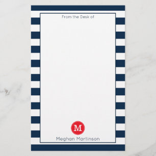 Navy Blue White Stripes Minimaler Chic Red Monogra Briefpapier