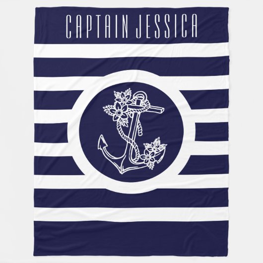 Navy Blue & White Stripes Nautic Floral Anker Fleecedecke (Vorderseite)