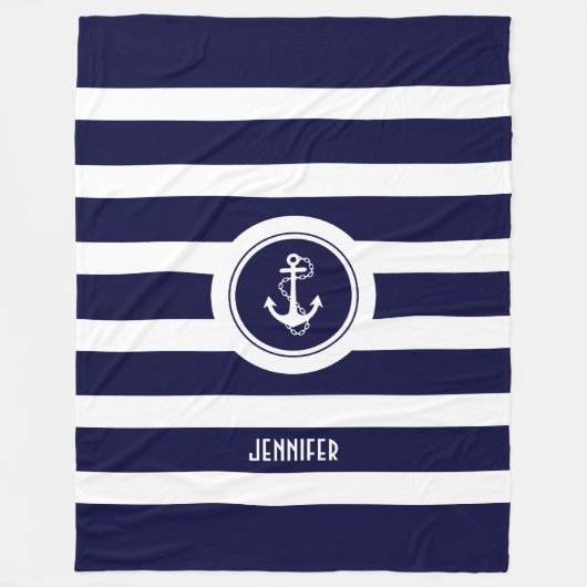 Navy Blue & White Stripes Nautical Anchor Fleecedecke (Vorderseite)