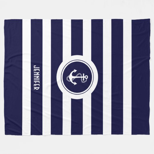 Navy Blue & White Stripes Nautical Anchor Fleecedecke (Vorderseite (Horizontal))