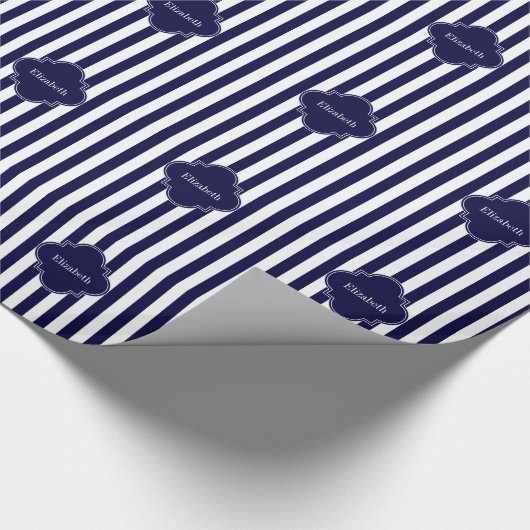 Navy Blue White Stripes Navy Label Monogram Geschenkpapier (Ecke)