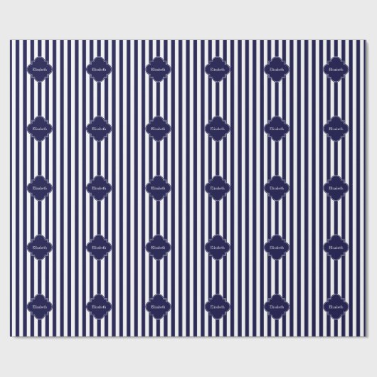Navy Blue White Stripes Navy Label Monogram Geschenkpapier (Flach)