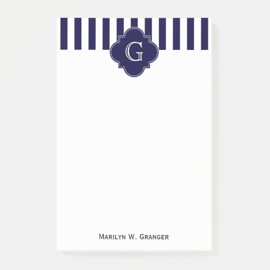 Navy Blue White Stripes Navy Label Monogram Post-it Klebezettel (Vorderseite)