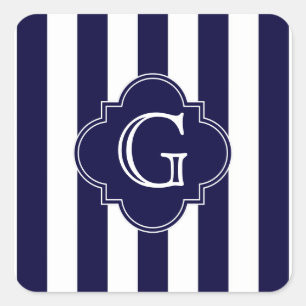 Navy Blue White Stripes Navy Label Monogram Quadratischer Aufkleber