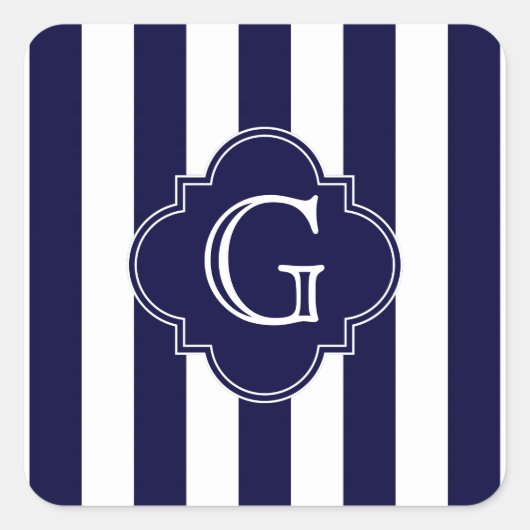Navy Blue White Stripes Navy Label Monogram Quadratischer Aufkleber (Vorderseite)