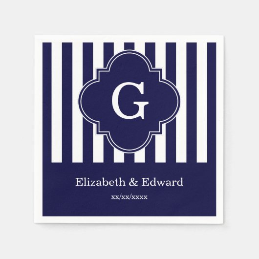 Navy Blue White Stripes Navy Label Monogram Serviette (Vorderseite)