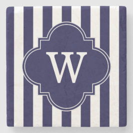 Navy Blue White Stripes Navy Label Monogram Steinuntersetzer