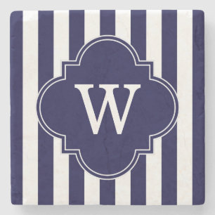 Navy Blue White Stripes Navy Label Monogram Steinuntersetzer