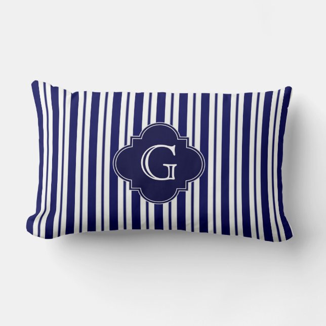 Navy Blue White Stripes Navy Monogram Label Lendenkissen (Vorderseite)