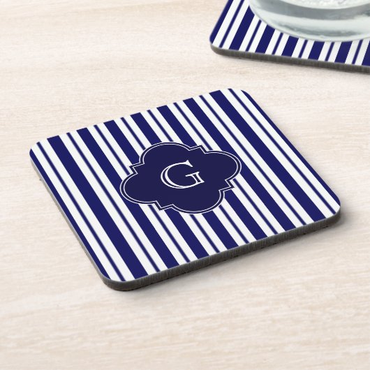 Navy Blue White Stripes Navy Monogram Label Untersetzer (Linke Seite)