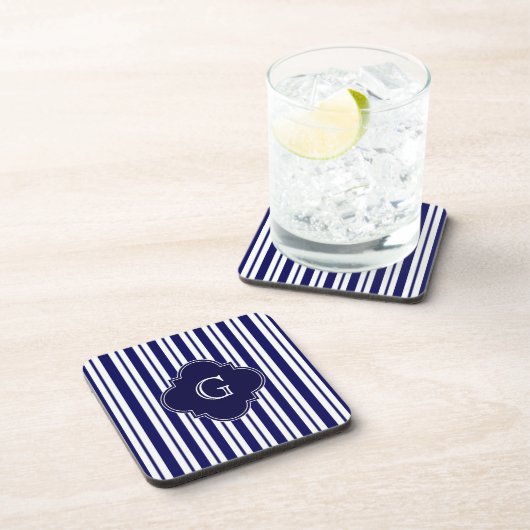 Navy Blue White Stripes Navy Monogram Label Untersetzer (Rechte Seite)
