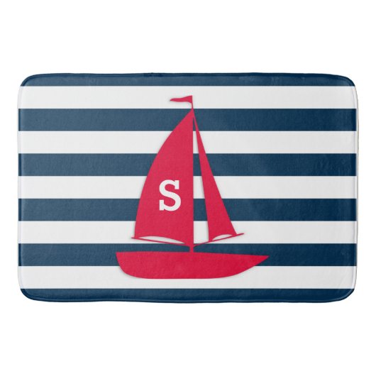 Navy Blue White Striping Monogram Red Boat Nautic Badematte (Vorderseite)
