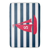 Navy Blue White Striping Monogram Red Boat Nautic Badematte (Vorderseite Vertikal)