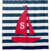 Navy Blue White Striping Monogram Red Boat Nautic Duschvorhang (Vorderseite)