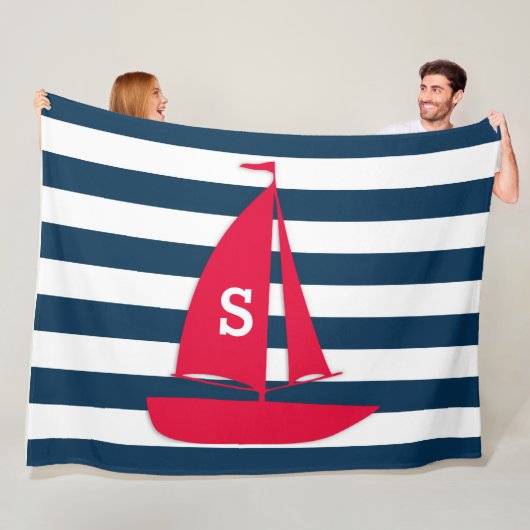 Navy Blue White Striping Monogram Red Boat Nautic Fleecedecke (Beispiel)