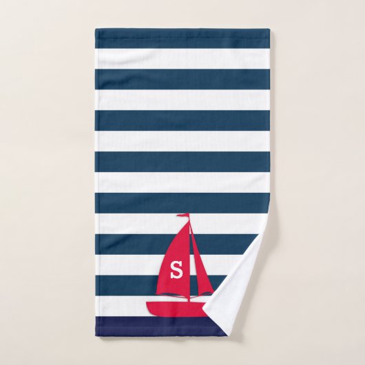 Navy Blue White Striping Monogram Red Boat Nautic Handtuch (Handtuch)