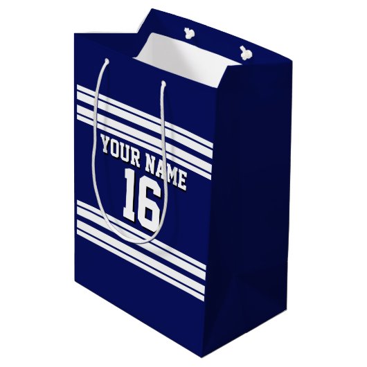 Navy Blue White Team Jersey Name Mittlere Geschenktüte (Rückseite Schrägansicht)