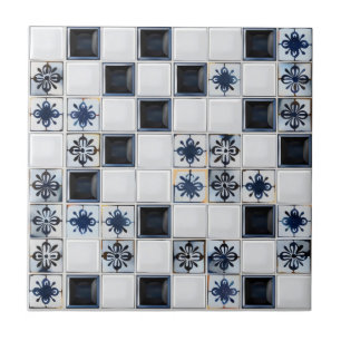 Navy Blue White Tile Muster Fliese