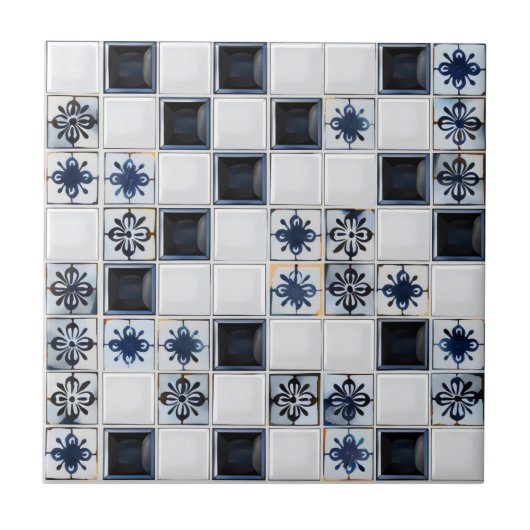 Navy Blue White Tile Muster Fliese (Vorderseite)