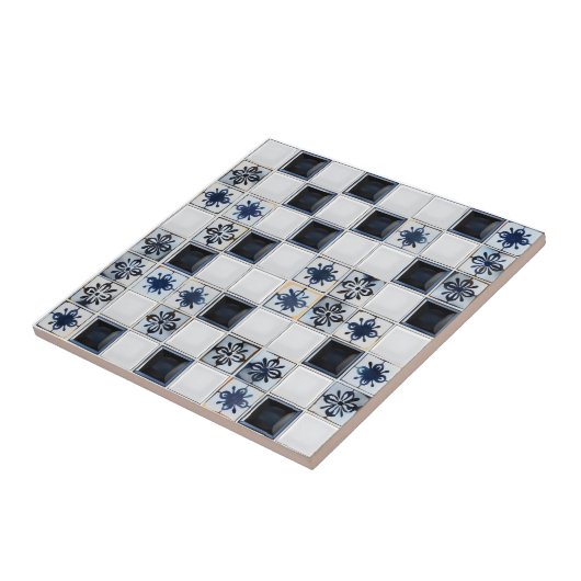 Navy Blue White Tile Muster Fliese (Seite)