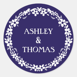 Navy Blue & White Wedcle Circle Floral Name Round Runder Aufkleber