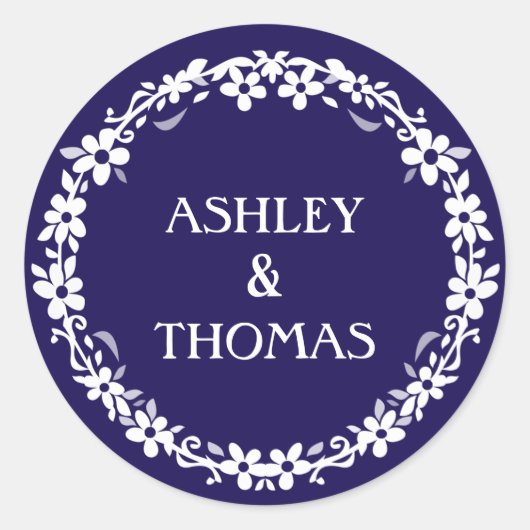 Navy Blue & White Wedcle Circle Floral Name Round Runder Aufkleber (Vorderseite)